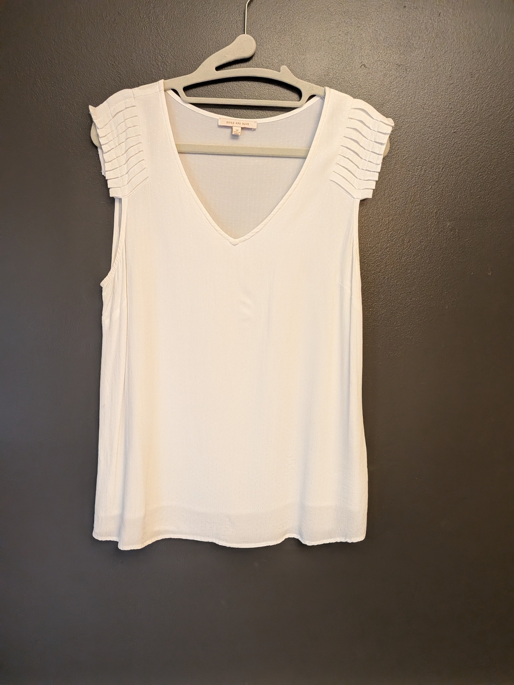 Sleeveless V-Neck White Women's Top with Pleated Shoulder Detail, Sz. Medium